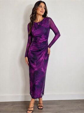 PrettyGarden Purple Floral Ruched Mesh Midi Dress Long Sleeve Sz S Date Night